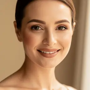 Portrait of a confident woman in her late 30s, minimal makeup, warm natural light, soft beige background, genuine smile, editorial beauty photography, high resolution
