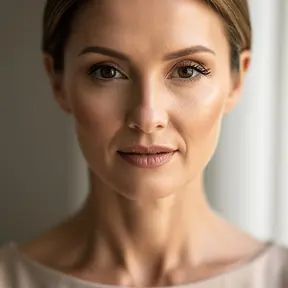 Natural portrait of a woman in her 40s with glowing skin, subtle makeup, soft indoor light, elegant and authentic look, minimalist background, high resolution, shallow depth of field
