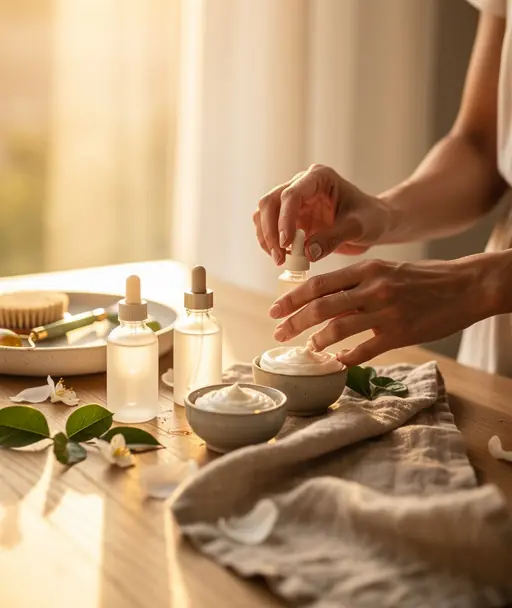 Close-up of a woman preparing a natural skincare ritual on a wooden table near a window, warm golden light, minimalist and elegant atmosphere, authentic lifestyle photography, high resolution, shallow depth of field
