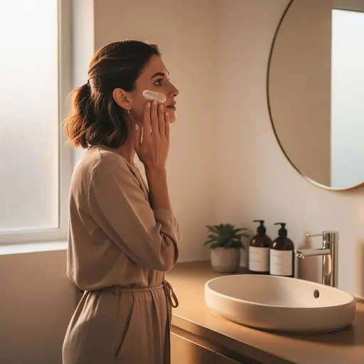 Woman in her 30s applying natural face cream in a cozy bathroom, soft warm light, minimalist decor, authentic lifestyle photography, neutral tones, high resolution
