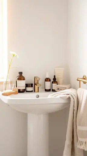 Bright minimalist bathroom with natural skincare products arranged on a white sink, linen towels, soft morning light, calm feminine atmosphere, high resolution

