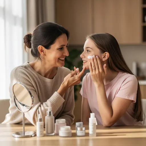 Mother and teenage daughter sharing a skincare routine at a wooden table, natural light, warm and intimate atmosphere, authentic lifestyle photography, high resolution

