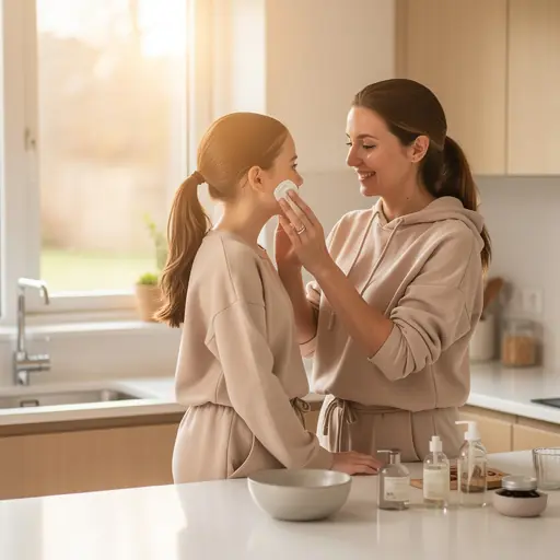 Mother and teenage daughter sharing a natural skincare routine in a warm minimalist kitchen, soft daylight, authentic lifestyle photography, neutral tones, high resolution, shallow depth of field
