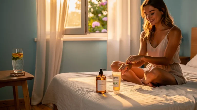 Femme applique huile de massage le soir et gel jambes légères le matin en été, ambiance détente estivale