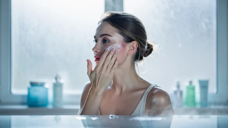 Femme appliquant une crème effet froid pour peau sensible, soulageant la sensation de lourdeur