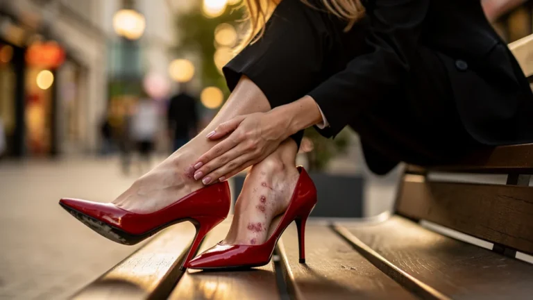 Jeune femme regrettant d'avoir négligé ses pieds douloureux après une journée en talons hauts rouges