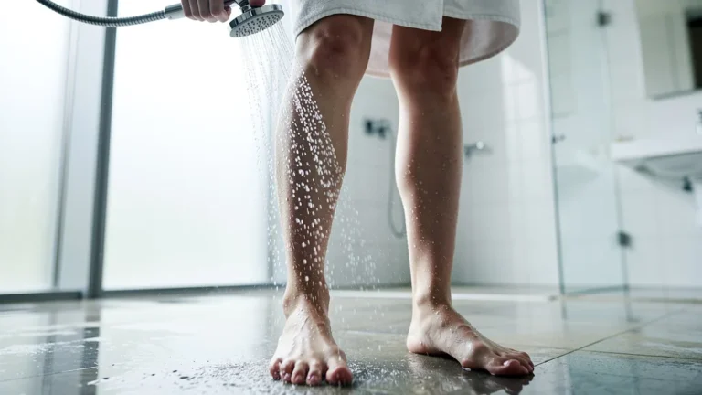 Femme sous une douche froide revitalisante des chevilles aux cuisses, respiration apaisée et renouveau
