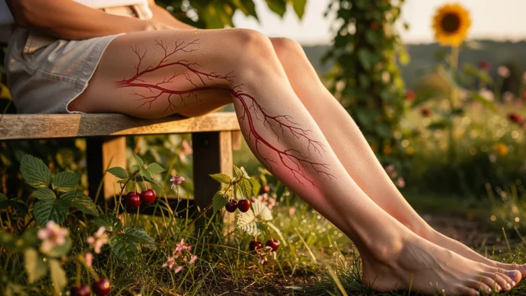 Comparaison réaliste de la vigne rouge et queue de cerise sur jambes en été, soins naturels peau