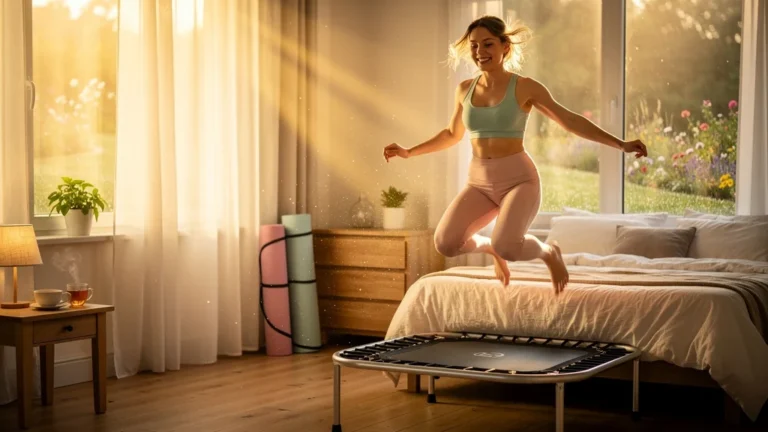 Femme souriante faisant dix minutes de mini-trampoline au réveil pour bien commencer la journée