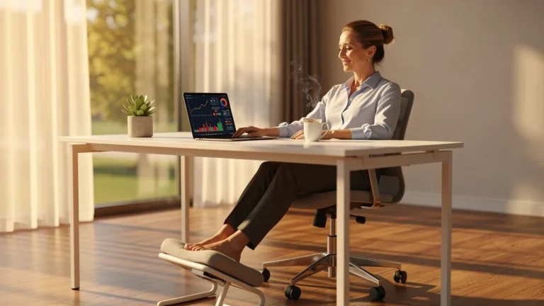Femme surélevant ses jambes au bureau pour soulager douleurs en fin de journée, confort et posture ergonomique