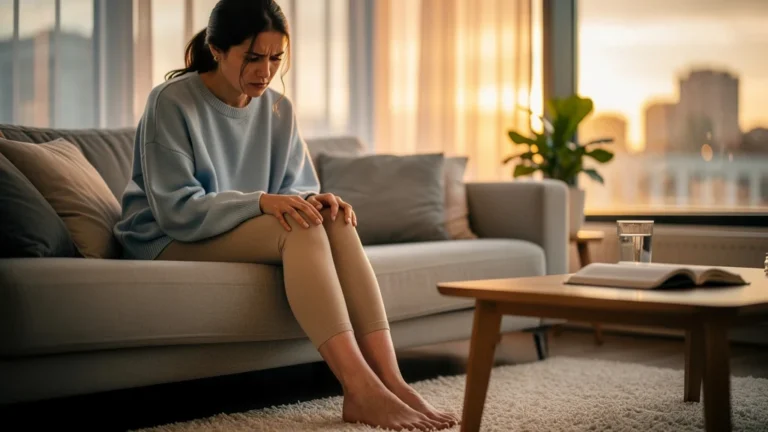 Photo réaliste d'une femme avec chevilles gonflées assise jambes croisées, illustrant un retour d'expérience