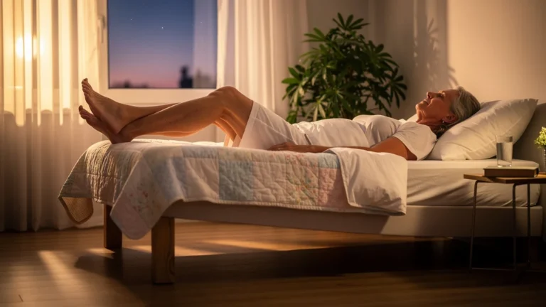 Lit d'été surélevé au pied pour soulager les jambes la nuit, chambre paisible et lumière dorée