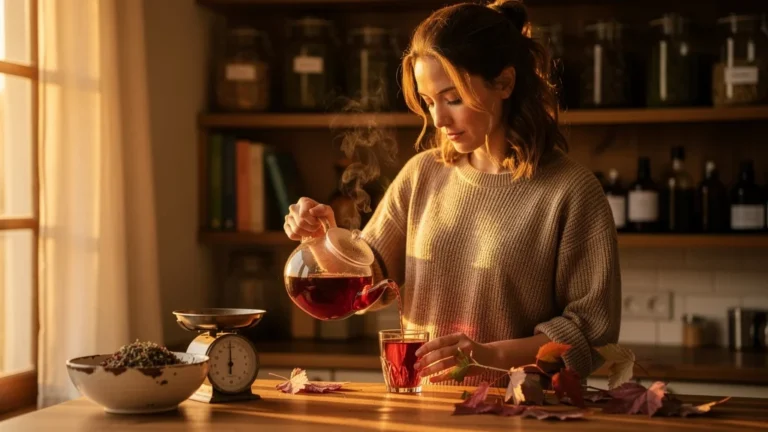 Femme préparant une tisane de vigne rouge pour un drainage du soir apaisant et naturel