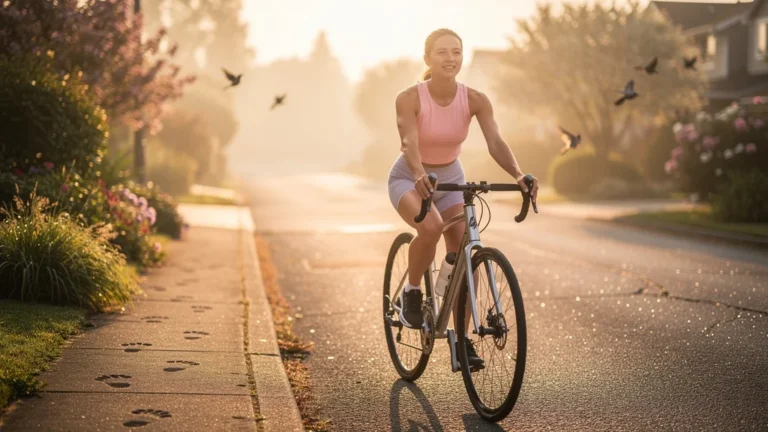 Femme à vélo au matin ressentant la légèreté des jambes grâce au cyclisme matinal