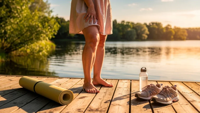 Femme en été avec jambes légèrement gonflées assise dehors, image sur l’importance des micro-mouvements