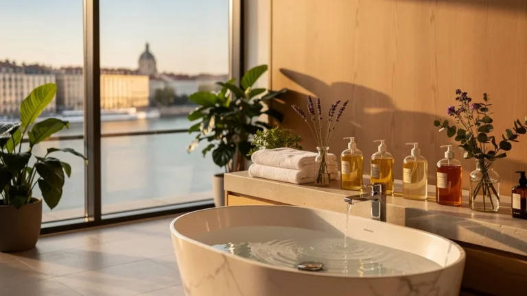 Intérieur lumineux et naturel d’un spa beauté à Lyon, ambiance calme et produits naturels