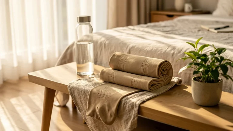 Bas de contention classe 2 posés sur un banc en bois dans une chambre lumineuse, symbolisant efficacité après 4 semaines