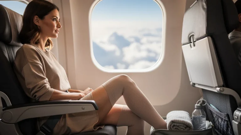 Femme portant des bas de contention en avion, illustration réaliste pour conseils avant vol