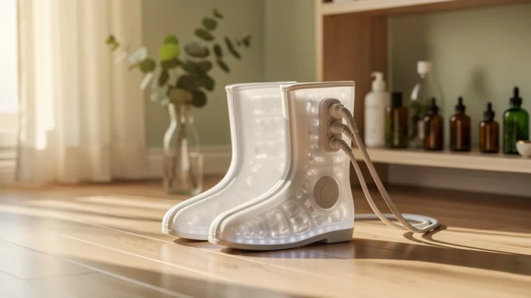 Bottes de drainage lymphatique modernes dans un cadre bien-être naturel et lumineux, avant achat essentiel