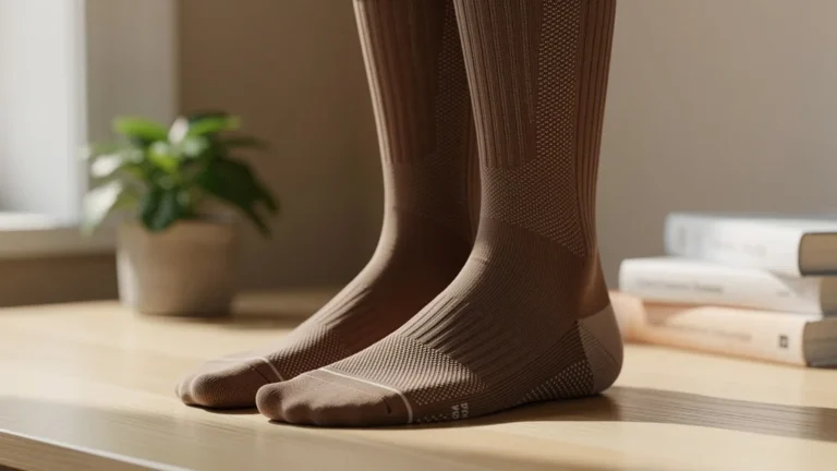 Photo ultra-réaliste de chaussettes contention classe 2 sur fond naturel, texture détaillée et lumière douce