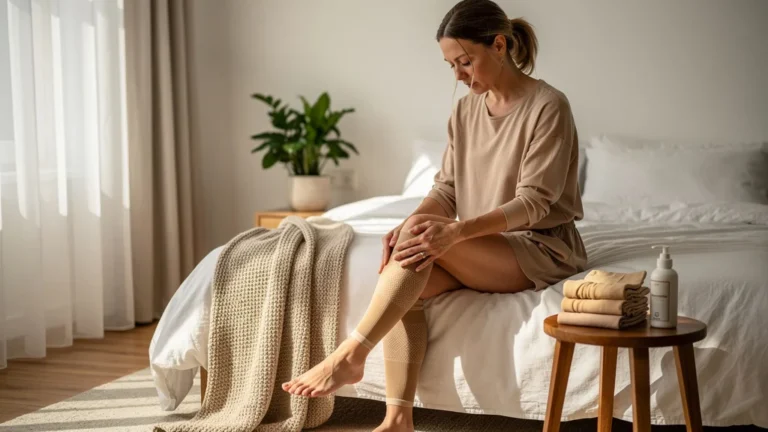 Femme mettant des bas de contention dans une chambre lumineuse, guide pour enfiler des bas de contention
