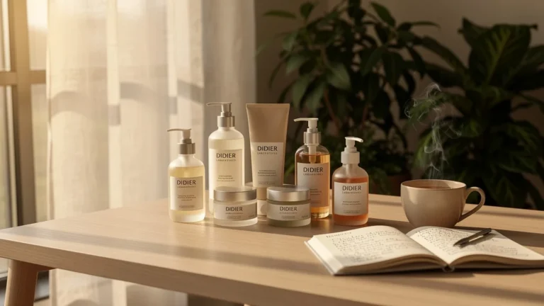 Bureau lumineux avec produits naturels Didier Laboratories et ambiance apaisante pour beauté naturelle