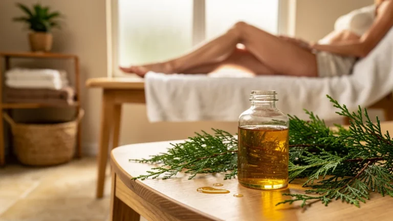 Bouteille d'huile de massage maison au cyprès posée sur bois, jambes féminines nourries après un mois d'application