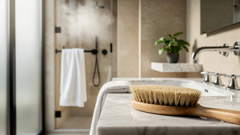 Salle de bain lumineuse avec brosse à sec naturelle sur lavabo, rituel matinal de beauté naturelle