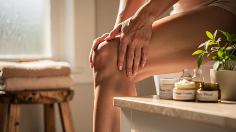 Femme effectuant un palper-rouler maison avec régularité dans une salle de bain lumineuse et naturelle