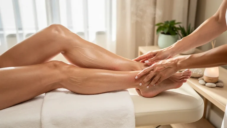 Massage jambes lourdes : scène spa moderne avec massage bienfaisant des jambes féminines en lumière naturelle