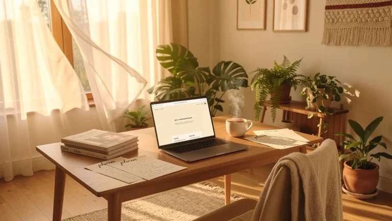 Intérieur lumineux d'un bureau naturel reflétant la découverte après un mois avec phorn