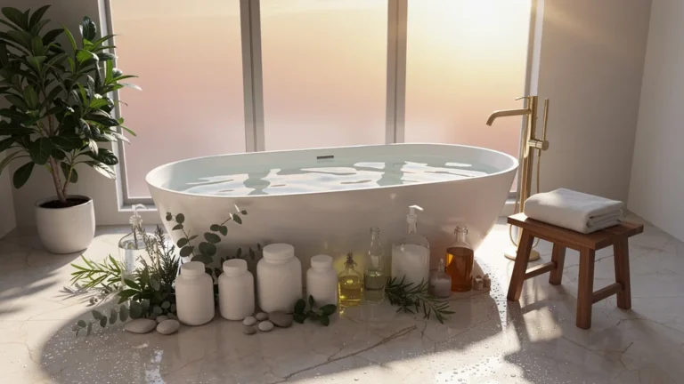 Salle de bain spa lumineuse évoquant soin naturel contre rétention d'eau et cellulite