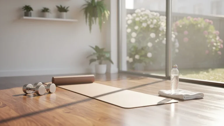 Studio de fitness lumineux et minimaliste évoquant douceur et bien-être naturel par Mina