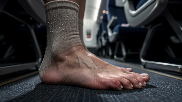 Femme de 34 ans aux pieds gonflés après un long voyage en avion, fatigue et inconfort visibles
